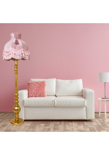 Vintage Ahşap Gold Ayak Pudra Pembe Lambader Püskül Süsleme 170x45cm Lm10422 Pembe