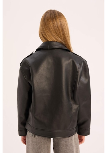 Defacto Kız Çocuk Su İtici Fermuarlı Suni Deri Ceket Mont C4976a825aubk27 Siyah