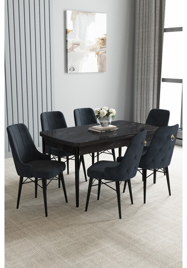 Jusie Siyah Mermer Desen 80x132 Açılabilir Mutfak Masası Takımı 6 Adet Sandalye Antrasit