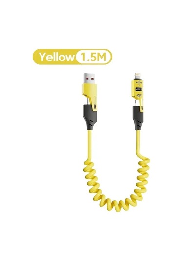 4 İn 1 65w Bahar Kısa Veri Kablosu 6a Usb Tip C Bahar Teleskopik Hızlı Şarj Yellow 1.5m