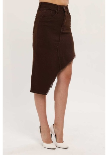 Shevega Kadın Kahverengi Etek Püskül Asimetrik Kesim Keten Etek Kahverengi