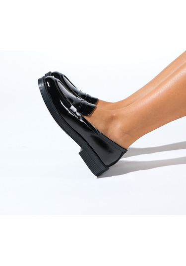 Pline Siyah Rugan Hakiki Deri Kadın Loafer Ayakkabı Siyah