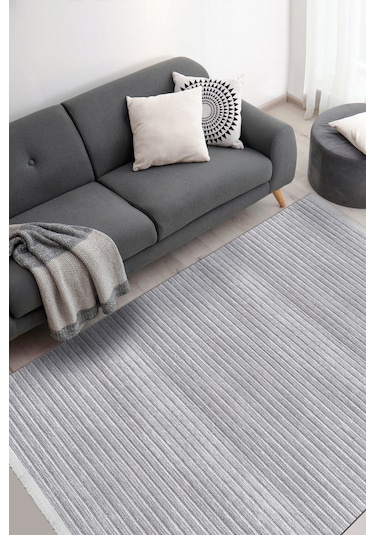 Lidya Gri Pamuk Dokuma Yumuşak Halı Kaymaz Tabanlı, Kolay Temizlenen Ve Modern Tasarımlı Kilim Gri