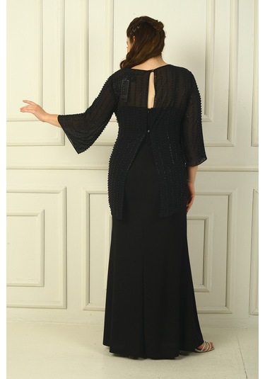 İçi İp Askılı Astarlı Uzun Sandy Elbise Arkası Düğmeli Boncuklu Şifon Bluz Büyük Beden 2'li Takım Siyah