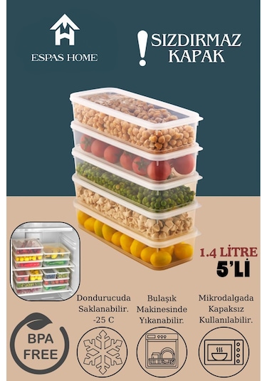 5'li Sızdırmaz Freshbox Saklama Kabı Mikrodalga Ve Buzdolabı Uyumlu / 1400 Ml - Şeffaf Şeffaf