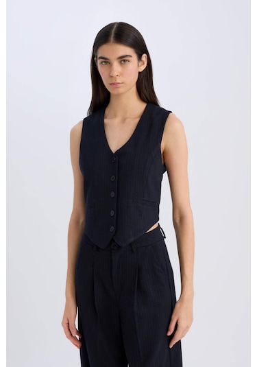 Defacto V Yaka Çizgili Düğmeli Blazer Yelek C2027AX24AUNV91 Lacivert