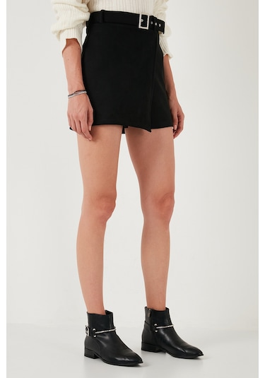Lela Kışlık Regular Fit Asimetrik Kesim Fermuarlı Bayan Şort Etek 5865973 Siyah