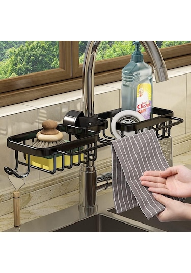Fosenze Banyo Ve Mutfak İçin Paslanmaz Çelik Sulama Musluğu Asılı Organizer - Süpürge, Sabun Ve Sponge Döküm Sepeti Siyah