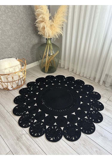 Natura El Dokuma Jüt Bohem Tarz Otantik Salon Oturma Odası Koridor Natural Halı Pamuklu Halı Siyah