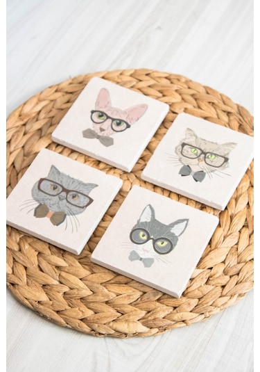 Baskılı Doğal Taş Bardak Altlığı 4'lü Set 10x10x1 Cm - Kedi Baskılı Bardakaltı Çok Renkli
