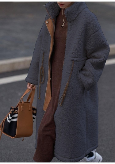 Peluş Beli Bağcıklı Kışlık Kadın Fermuarlı Astarlı Tüylü Ceket 001