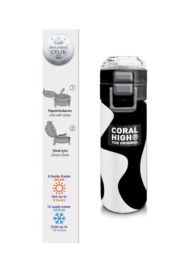Coral High 500 Ml Paslanmaz Çelik Okul Termosu/suluk/matara - Erkek Çocuk - Siyah Beyaz Desenli - Sızdırma Yapmaz Çok Renkli