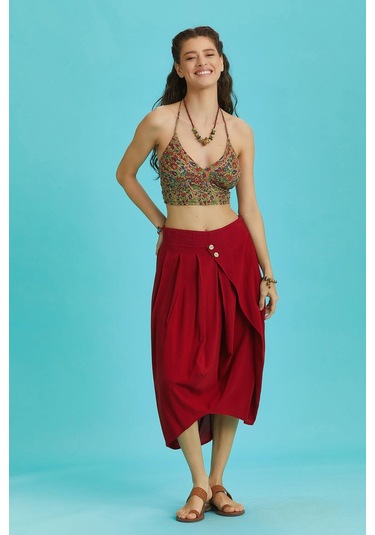 Rahat Kesim Geniş Pileli Kırmızı Anvelop Midi Etek Kırmızı