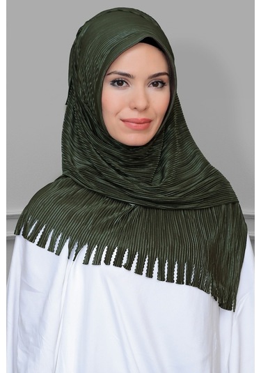 Haki Pratik Hazır Geçmeli Tesettür Eşarp Fukuro Piliseli Saçaklı (545491414) Haki