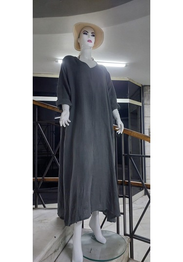 İtalyan V Yaka Uzun Kol Keten Elbise-8907 Gri
