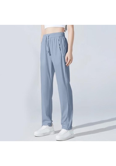 Unisex Streç Hızlı Kuruyan Pantolon Buz İpek Spor Streç Aktif Pantolon Bağcıklı Günlük Bol Jogger Cepli Yürüyüş Seyahat İçin Mavi