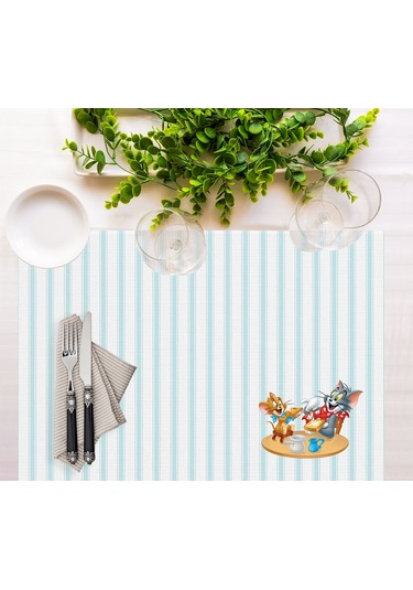 Adawall Home Tom And Jerry Striped Kumaş Amerikan Servis 4'lü Set Beyaz - Mavi