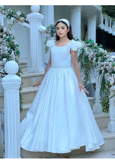 Prenses Çiçek Detaylı Tarlatanlı Beyaz Abiye Elbise Beyaz