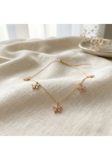 925 Ayar Gümüş Altın Kaplama Pembe Taşlı Çiçek Kolye Gold