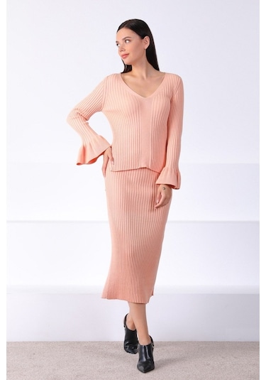 Ferraro Apricot Yırtmaçlı Kadın Triko Etek Pudra