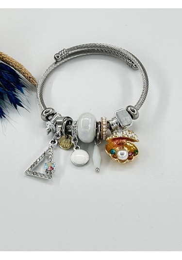 Bhs Life Kadın Charmlı Pembeli Beyaz İstiridye İncili Çelik Bileklik