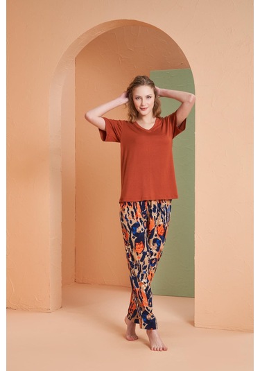 Pjs Kadın Kiremit Desenli V Yaka Kısa Kollu Pijama Takım Kremit