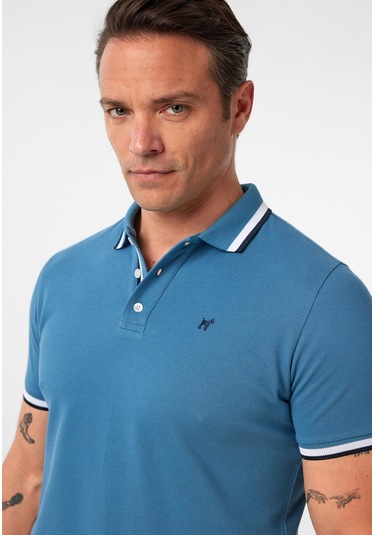 Javeir Erkek Regular Fit Çizgi Detaylı Polo Yaka T-shirt Koyu Denim Mavi