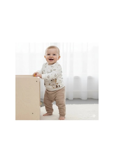 Erkek Bebek Ayıcık Baskılı Alt Üst İkili Gündelik Takım Bej