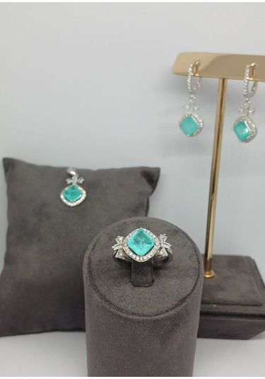 925 Ayar Gümüş Turmalin Taşlı Takı Seti - Yüzük, Küpe Ve Kolye Ucu Şık Ve Zarif Kadın Takı Gümüş