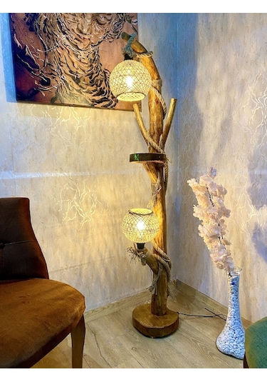 ArtAğaçTasarım Ağaç Lambader Doğal Kütük Köşe Aydınlatma Ahşap Amasya Serisi Jüt