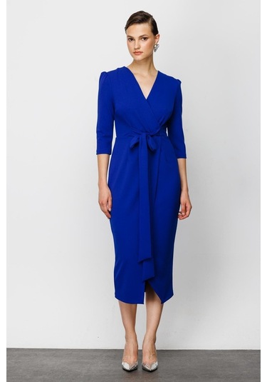 Nefeli V Yaka Midi Sarımlı Elbise - Minimalist Şık Günlük Saks