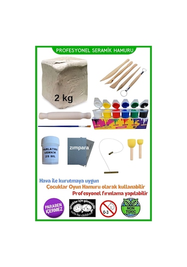 Seramik Hamuru Başlangıç Seti - Guaj Boya, Ebeşuar, Merdane,fırça, 2000gr Beyaz Doğal Kil