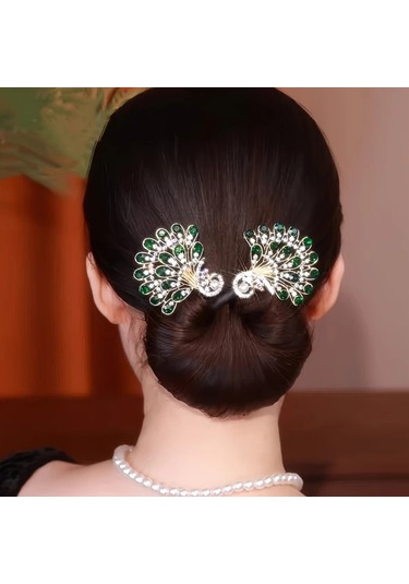 Hightower Kırmızı Vintage Saç Topu Yapıcı - Yeşil Ve Şeffaf Taşlı Zarif Tavuskuşu Tasarımı Kırmızı