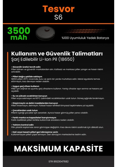 Tesvor S6 Robot Süpürge Bataryası 3500.mah Maksimum Kapasite