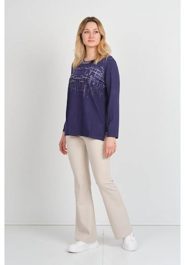 Detay Triko Kadın Taş Detaylı Desenli Yanları Yırtmaçlı Uzun Kol Anne Bluz 5741 Mor Mor