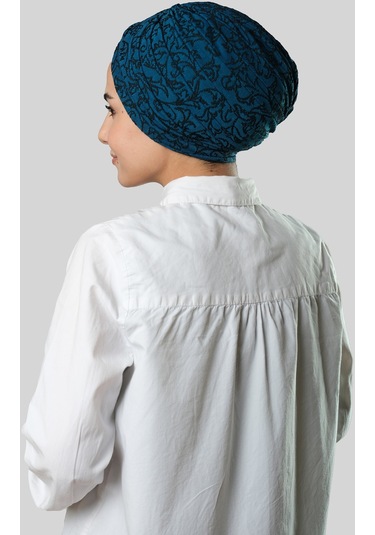 Petrol Mavisi Pratik Hazır Geçmeli Tesettür Bone Jakar Kendinden Desenli 1209 17 Petrol Mavisi