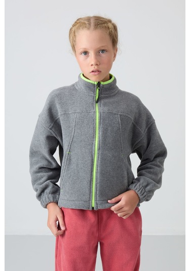 Tommy Life Gri Melanj Kalın Yumuşak Dokulu Standart Fit Nakışlı Polar Kız Çocuk Sweatshirt - 75157 Gri Melanj