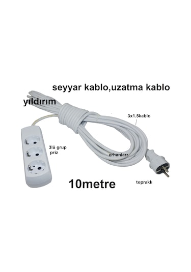 Seyyar Kablo Uzatma Kablo Ara Kablo 10 Metre 3 Lü Grup Priz