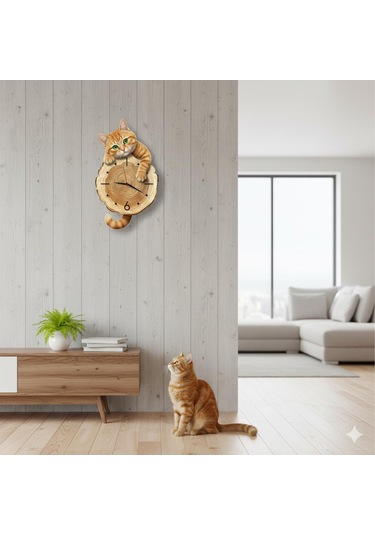 Cajuart Kütük Üzerinden Bakan Sarman Kedi Tasarımlı Duvar Saati Modern Dekoratif Saat Kahverengi