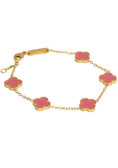 Kadın Pembe Renk Küçük Yonca Model Çelik Bileklik Gold