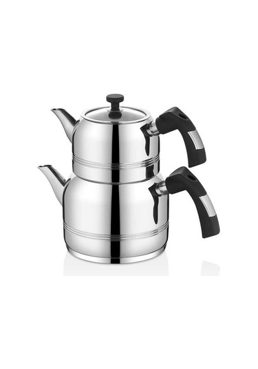 Oms Collection - 8090 - L - 4 Parça, İndüksiyonlu Ocak Uyumlu, Çaydanlık Gümüş - Siyah Renk Gümüş