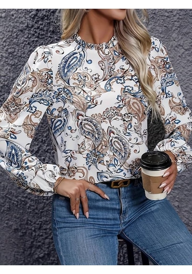 Kadın Uzun Kollu Yarı Balıkçı Yaka Desenli Süprem Bluz Desenli