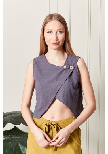 Şık Farklı Tarz Asi Keten Bluz - Modern Ve Cesur Tasarım Antrasit