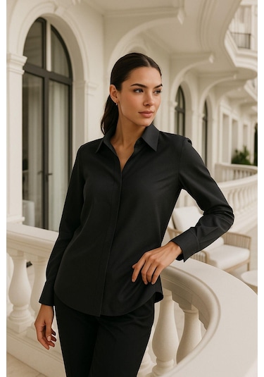 Kadın Siyah Viskon Gizli Düğme Detaylı Slim Fit Trend Gömlek Çok Renkli