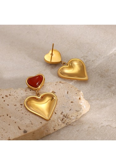 Paslanmaz Çelik Kırmızı Akik Kalp Küpeler Üst Düzey Niş Hafif Lüks Küpeler Titanyum Çelik Kulak Takısı Diğer
