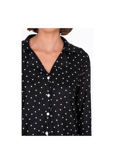 Kadın Süet Önden Düğmeli Pijama Takımı Kalpli Siyah Beyaz - Siyah