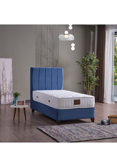 Blue Star Tek Kişilik Baza + Başlık + Yatak Set 3 Lü Set Mavi