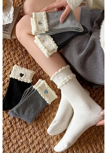 Kadın 5 Çift Premium Kalite Dantel Kalp Desenli Çift Katmanlı Kore Tarzı Soket Çorap Beyaz - Yeşil