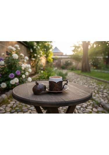 Semazen 6 Kişilik Porselenli Kapaklı Bakır Renkli 24 Parça Fincan Seti Bakır