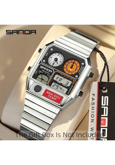 Fastbuy Gümüş Siyah A Erkek Digital Kol Saati - Kare Paslanmaz Çelik Bant Dual Ekran Altın Renk Altın